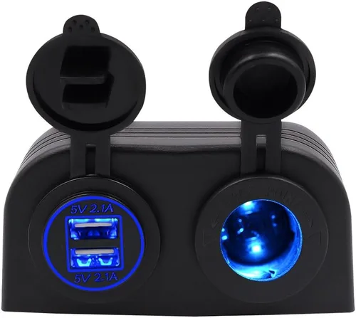 BlueFire Panel tipo tienda de campaña de dos agujeros, cargador USB dual 4.2A + enchufe de encendedor de cigarrillos de 12 V/24 V para automóvil,