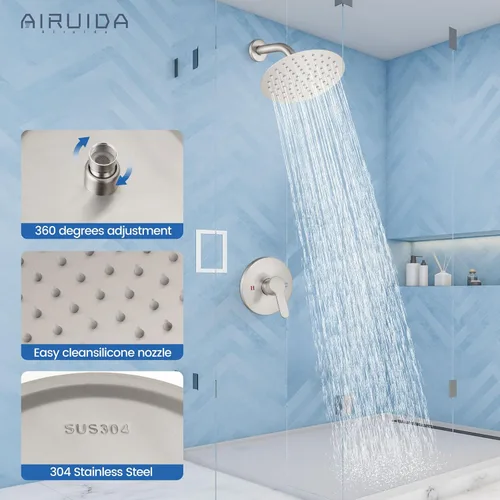 Miniatura 8 de Airuida Juego de grifo de ducha, cabezal de ducha de lluvia redondo de 8 pulgadas, kit de acabado de ducha SUS304 de acero inoxidable con mango