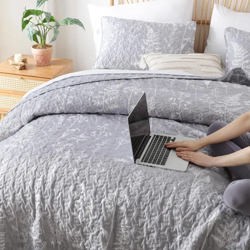 Miniatura 8 de JANZAA Juego de colcha tamaño Queen de 3 piezas con patrón floral, de microfibra ligera, ropa de cama reversible, 1 colcha y 2 fundas de almohada