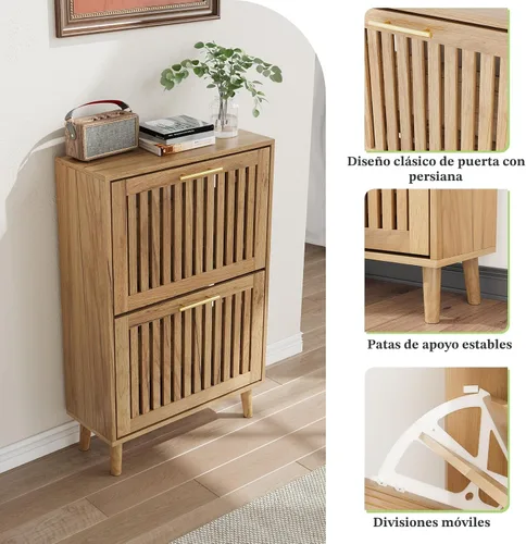 Miniatura 5 de Gabinete de almacenamiento de zapatos con 2 cajones abatibles con persianas, gabinete de almacenamiento de zapatos estrecho para entrada, gabinete