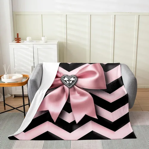 Miniatura 2 de Erosebridal Manta de franela con nudo de lazo para niñas, 40 x 50 pulgadas, diseño de rayas de diamante, para sofá cama y cama de vellón para niños