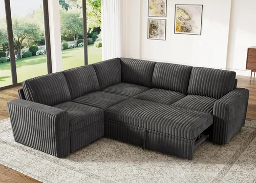 Miniatura 13 de HONBAY - Sofá seccional modular con cama desplegable, sofá en forma de L de pana con almacenamiento, sofás seccionales para sala de estar, verde