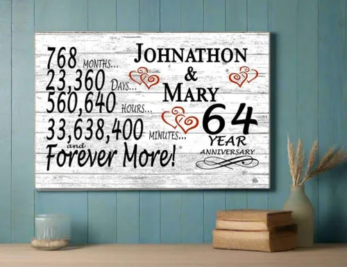 Miniatura 4 de Letrero personalizado de aniversario de 64 años, regalo de aniversario de boda para días de pareja, minutos y años, madera maciza, 16.5 x 10.5 x