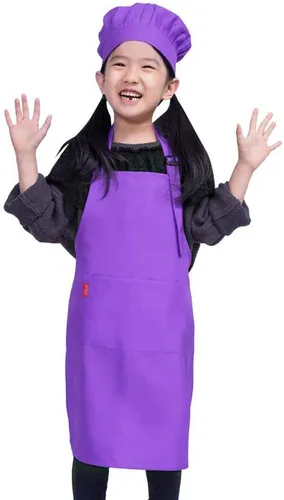 Miniatura 9 de Juego de delantal y gorro de chef para niños, delantal ajustable con babero para niños con 2 bolsillos. Lindo delantal de cocina para niños y niñas