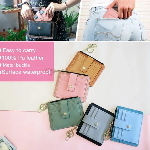 Miniatura 7 de Deziliao Funda delgada para tarjetas de crédito con bloqueo Rfid para mujer, cartera con cremallera, cartera pequeña y compacta de cuero