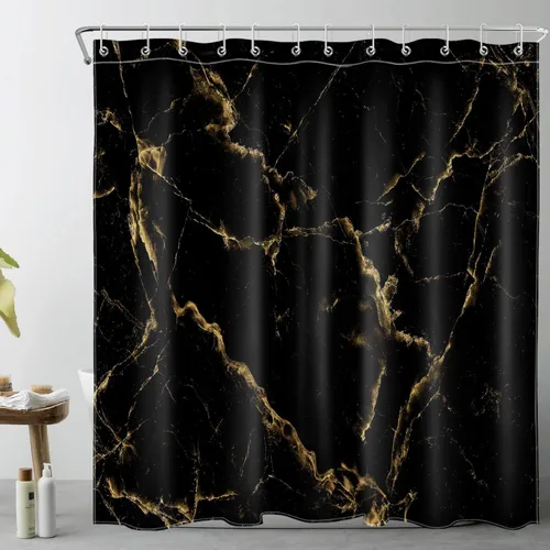 Miniatura 11 de Cortina de ducha de mármol negro y dorado, con citas divertidas Fuck It Get Naked de arte abstracto de mármol para baño, 60 x 72 pulgadas, tela