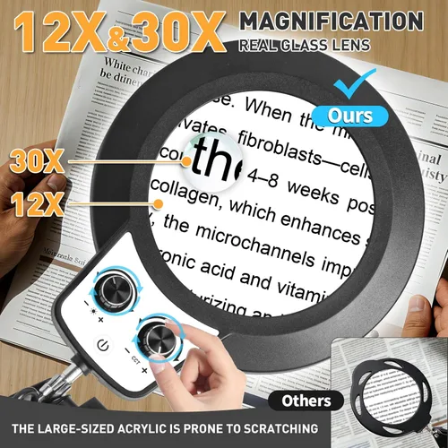 Miniatura 3 de 2 in 1 Floor Magnifying Glass with Light and Stand, Dual Knob Infinite Color Dimmable 12X&30X Large Lighted Magnifier Workbench lamp for Close Work