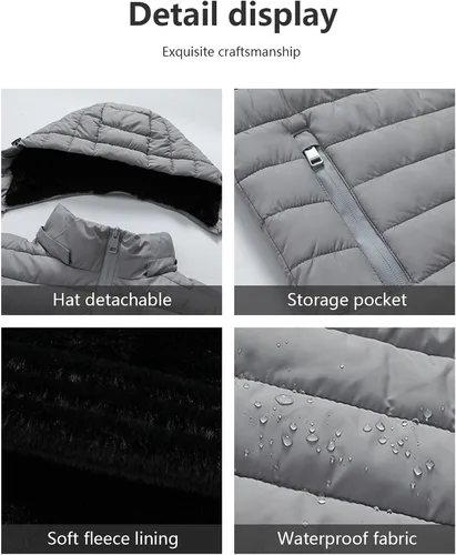 Miniatura 4 de Abrigo acolchado de plumón para hombre, resistente al viento, impermeable, forro de franela, capucha desmontable, grueso para el calor del invierno