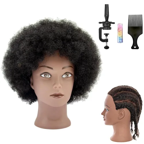 Cabeza de maniquí afro rizado 100% cabello humano real, (10 pulgadas) negro para trenzado manual, práctica de peinado, peluquería, escuela, maniquí,