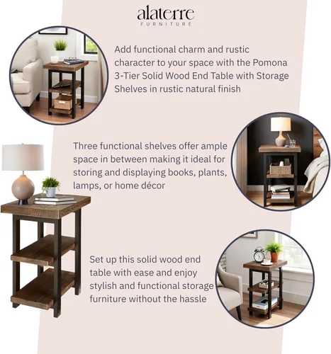 Miniatura 4 de Alaterre Furniture - Mesa auxiliar de 3 niveles de madera maciza Pomona con estantes de almacenamiento – Mesa lateral o mesita de noche rústica