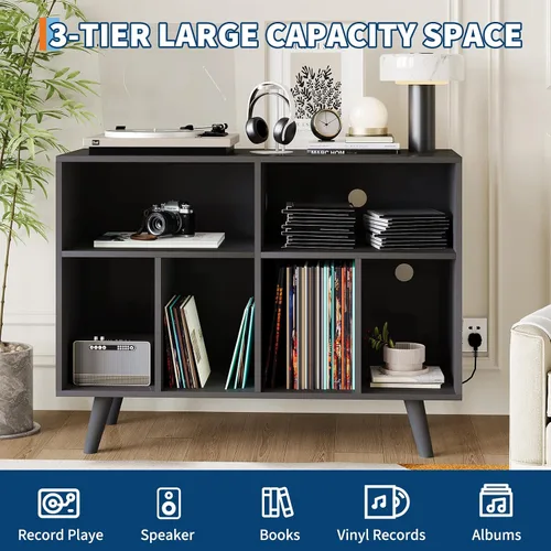 Miniatura 6 de IDEALHOUSE Soporte para tocadiscos con almacenamiento de vinilo, 39.5 pulgadas, soporte grande para tocadiscos de vinilo de madera, soporte