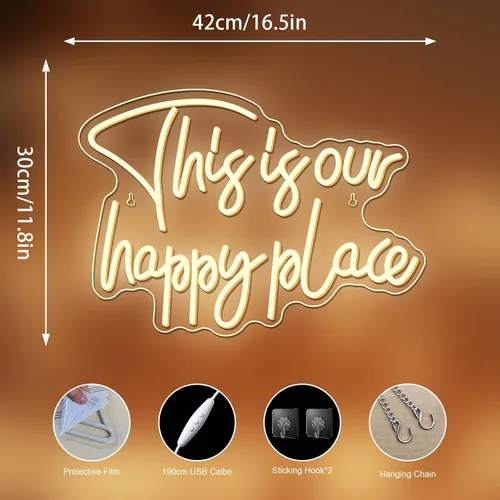 Miniatura 3 de NOSUN Letrero de neón con texto en inglés «This is Our Happy Place» para decoración de pared, regulable, luz blanca cálida, para dormitorio, aula
