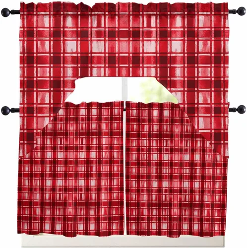 Miniatura 14 de Cortinas de cocina con cenefa roja a cuadros de acuarela, cenefa con bolsillo para barra, paneles de cortina para dormitorio, sala de estar, baño