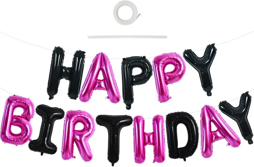 Miniatura 50 de TONIFUL Pancarta de Globos Negros de Feliz Cumpleaños de 16 Pulgadas con Letras de Papel de Aluminio Mylar, Cartel Banderín Reutilizable