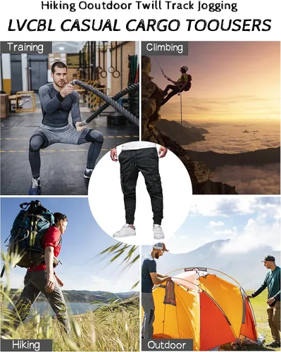 Miniatura 5 de LVCBL Pantalones cargo de algodón para hombre con cordón en la cintura, pantalones cargo ajustados