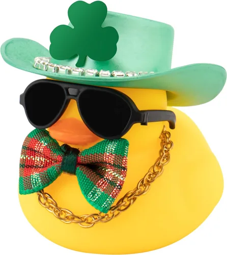 Wonuu Decoración del día de San Patricio de pato de goma, sombrero de trébol verde de la suerte y decoración del automóvil, sombrero de vaquero de