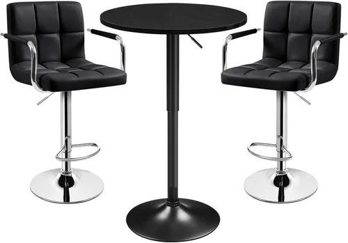Miniatura 11 de Yaheetech Mesa redonda de bar de 3 piezas y sillas giratorias ajustables de piel sintética, juego de mesa moderno de altura de mostrador con 2 Negro