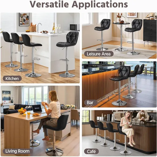 Miniatura 10 de Yaheetech Juego de 2 taburetes de bar, modernas sillas ajustables para isla de cocina, taburetes giratorios de piel sintética negra para bar, Negro