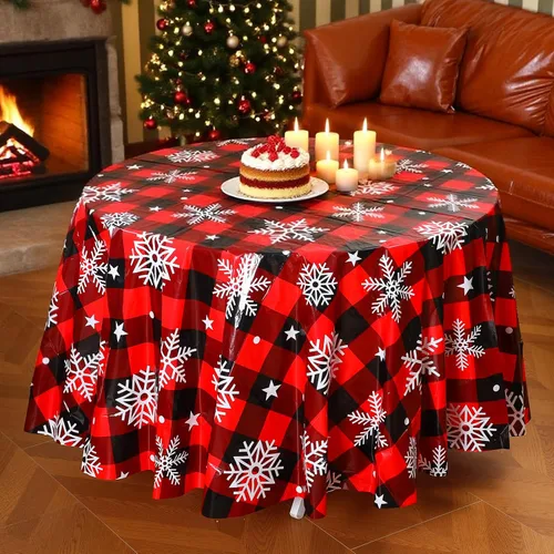 Miniatura 3 de Ganeen 12 manteles redondos de Navidad con diseño de copos de nieve de 84 pulgadas, mantel de plástico a cuadros rojos y negros, para fiesta