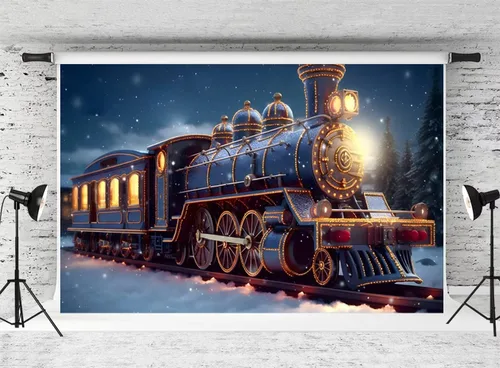 Miniatura 5 de Kate Telón de fondo de tren de Navidad para fotografía de invierno, noche nevada, fondo de tela, accesorios de estudio (7 x 5 pies)