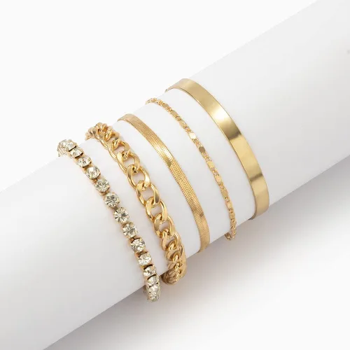 Miniatura 5 de fxmimior Juego de 5 pulseras apilables de cadena dorada y plata con diamantes de imitación para mujer, con cuentas ajustables, cadena de cable plano