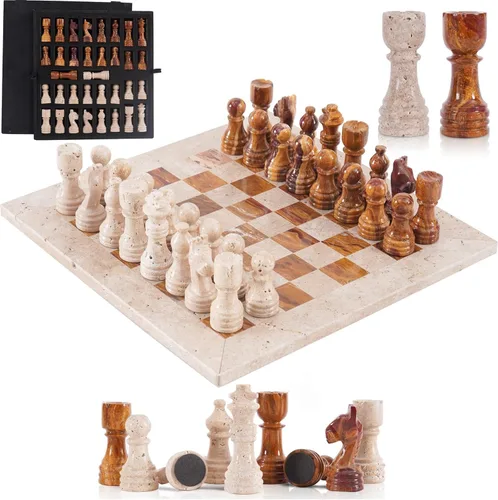 Miniatura 9 de Juego de ajedrez de mármol para adultos de 12 pulgadas, hecho a mano, juegos de ajedrez negro y travertino con caja de almacenamiento, juego