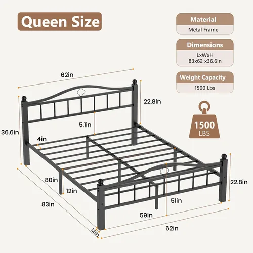 Miniatura 2 de Marco de cama de metal tamaño Queen con cabecero, diseño sin ruido y almacenamiento debajo de la cama, marcos de cama resistentes de tamaño Queen
