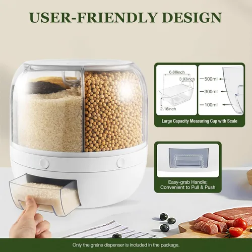 Miniatura 5 de Dispensador de arroz, contenedor de arroz giratorio de 360° con tapa y taza medidora, organizador de almacenamiento de granos para encimera