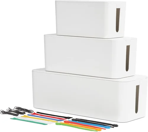 Cajas de Gestión de Cables Oxford, 3 Pack, Pequeña, Mediana, Grande, 15 Sujetadores de Cable (Gancho y Bucle, Silicona, Torsades), Organizador de