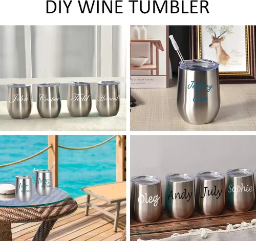 Miniatura 5 de Paquete de 12 vasos de vino de acero inoxidable, 12 onzas, doble pared, aislados al vacío, con tapas y pajitas, copas de vino sin tallo de acero