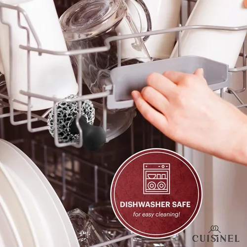Miniatura 7 de Cuisinel Estropajo de cadena de hierro fundido + raspador de sartenes - Diseño ergonómico de acero inoxidable/silicona para ollas y sartenes - Fácil