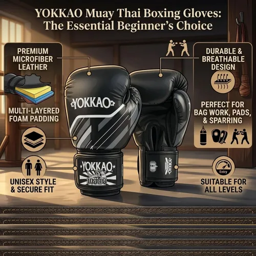 Miniatura 5 de Yokkao Guantes de Boxeo Muay Thai – Guantes esenciales para principiantes, hombres y mujeres, de piel de microfibra, acolchado de espuma multicapa
