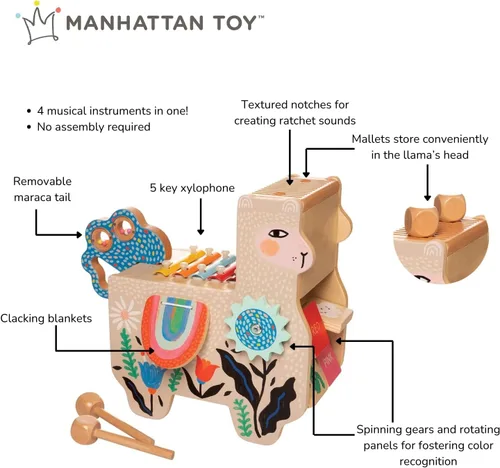 Miniatura 3 de Manhattan Toy Instrumento musical de madera de llama para niños pequeños con maracas, alforjas que hacen clic, baquetas, cepillo de lavar y xilófono