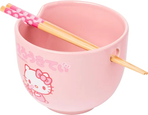 Miniatura 20 de Silver Buffalo Sanrio Hello Kitty Tazón de cerámica para ramen y arroz con diseño de flores, con palillos, apto para microondas, 20 onzas