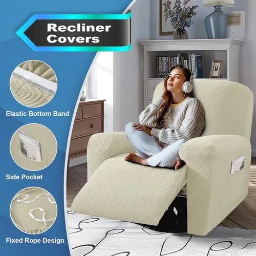 Miniatura 3 de JIVINER Fundas reclinables de gran tamaño de 3 piezas para sillón reclinable grande con bolsillos, tela jacquard elástica Lazy Boy funda para sofá