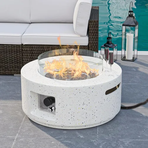 Miniatura 10 de HOMPUS Fogata de propano para exteriores, 40,000 BTU de 28 pulgadas, mesa redonda de hormigón de terrazo blanco con rocas de lava y cubierta