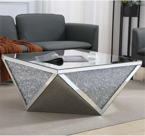 Miniatura 2 de MAKLAINE Mesa de centro poligonal cuadrada moderna, 38 pulgadas, acabado espejo de cristal plateado transparente, construcción de MDF y vidrio, mesa