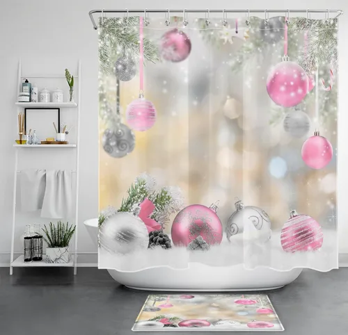Miniatura 9 de LB Winter Christmas Shower Curtain Sets with Rugs Silver and Light Blue Xmas Ball in Winter Snow Scene Fabric Shower Curtain with Hooks New Year