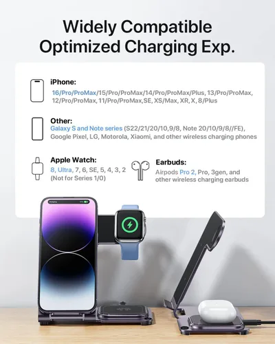 Miniatura 6 de Intoval Estación de carga inalámbrica 3 en 1 de aluminio para iPhone 17 16 15 14 13 Pro Max, cargador inalámbrico para Apple Watch 11 10 9 8 7 Ultra