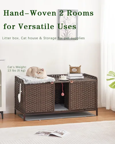 Miniatura 2 de SETVSON Caja de Arena para Gatos para 2 Gatos, Mueble Oculto de Caja de Arena con Alfombra, Casa Grande de Ratán para Gatos con Habitación Doble