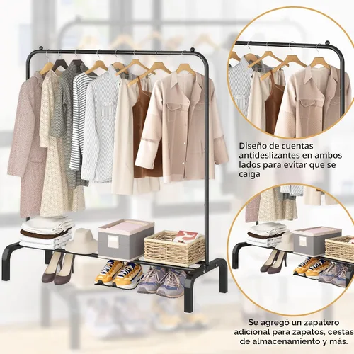 Miniatura 5 de Perchero de metal con estante inferior para colgar ropa, camisas, jeans y abrigos, color negro