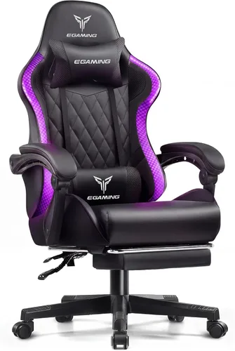 Miniatura 9 de EXRACING Silla ergonómica para videojuegos, silla de computadora con reposapiés y soporte lumbar, silla de oficina de cuero con respaldo alto blanco