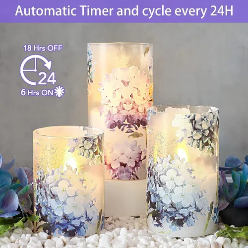 Miniatura 5 de Velas sin llama de hortensias azules, velas LED decorativas parpadeantes con temporizador remoto, velas de cera real que funcionan