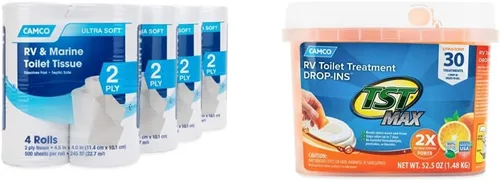 Camco Papel higiénico para baño RV (16 rollos) + tratamiento de inodoro Camco TST MAX para cámper o caravana (paquete de 30)