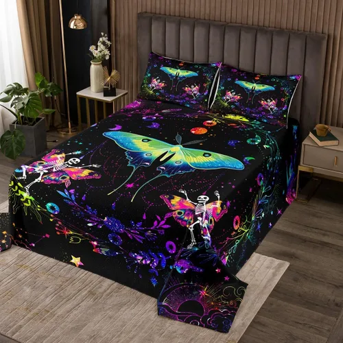 Miniatura 40 de Erosebridal Juego de colcha de teñido anudado arcoíris, juego de ropa de cama bohemio de calavera de la muerte, juego de ropa de cama tamaño King