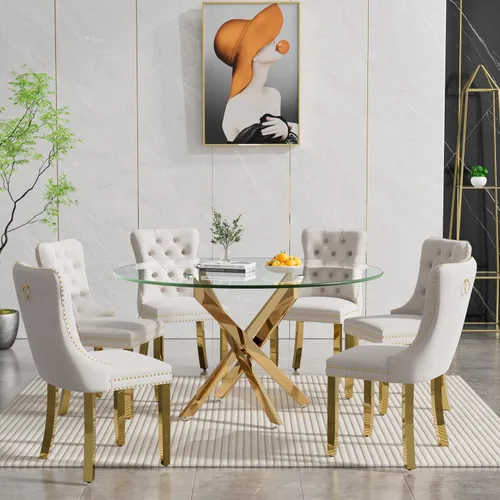 Miniatura 2 de Juego de mesa de comedor de vidrio de 47.24 pulgadas para 6, juego de mesa redonda dorada de 7 piezas con 6 sillas tapizadas de terciopelo, mesa