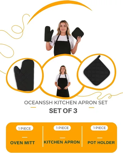 Miniatura 2 de Juego de delantales de 3 piezas; delantal de cocina ajustable, guantes de horno resistentes al calor, soporte para ollas I 482 °F I Delantales