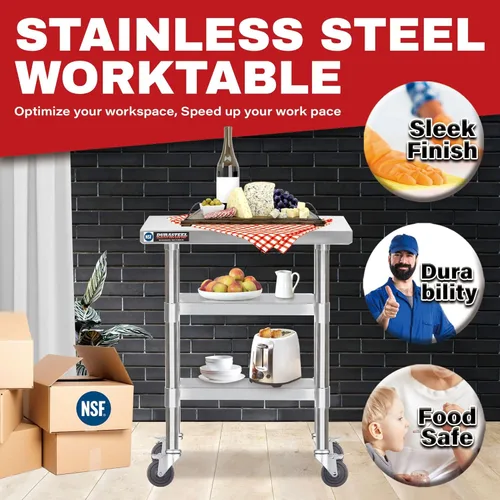 Miniatura 3 de DuraSteel Mesa de trabajo de acero inoxidable de 30 x 12 x 34 pulgadas de altura con 4 ruedas giratorias, mesa de trabajo de grado comercial