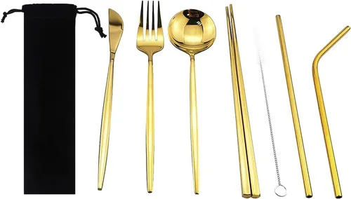8 utensilios reutilizables con funda, utensilios de almuerzo de oficina, juego de cubiertos portátiles dorados de acero inoxidable con bolsa