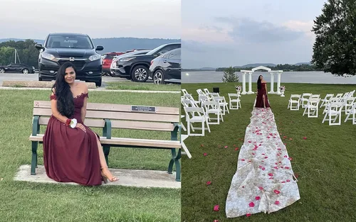 Miniatura 6 de Miao Duo Vestidos largos de graduación con hombros descubiertos para mujer, con abertura de encaje, apliques de gasa, vestidos formales de fiesta